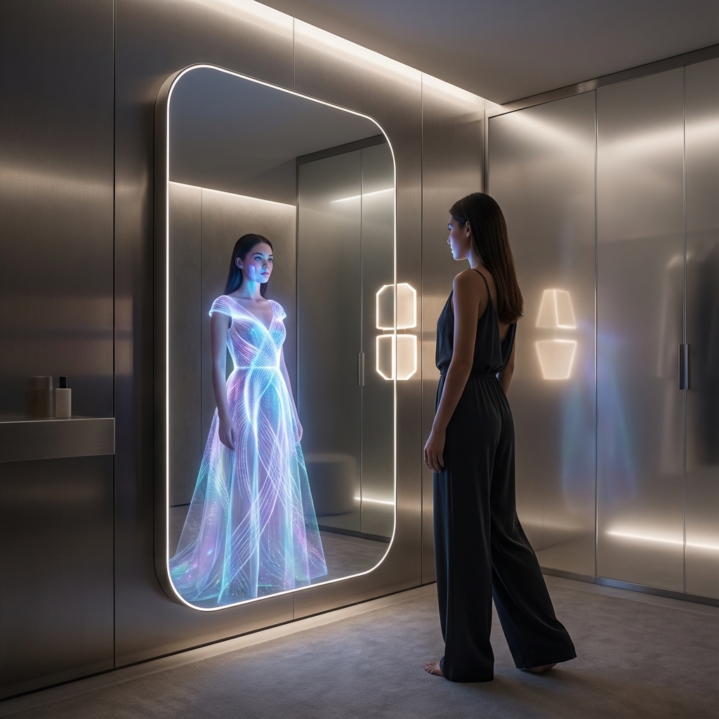 Futuristic smart mirror showing a virtual try-on reflection