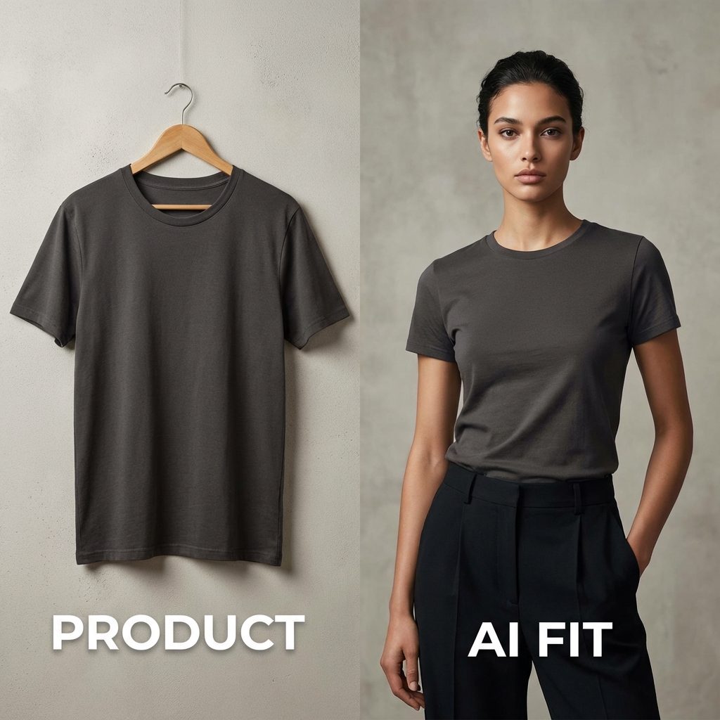 Split screen comparison: Product on hanger vs AI generated try-on on a model