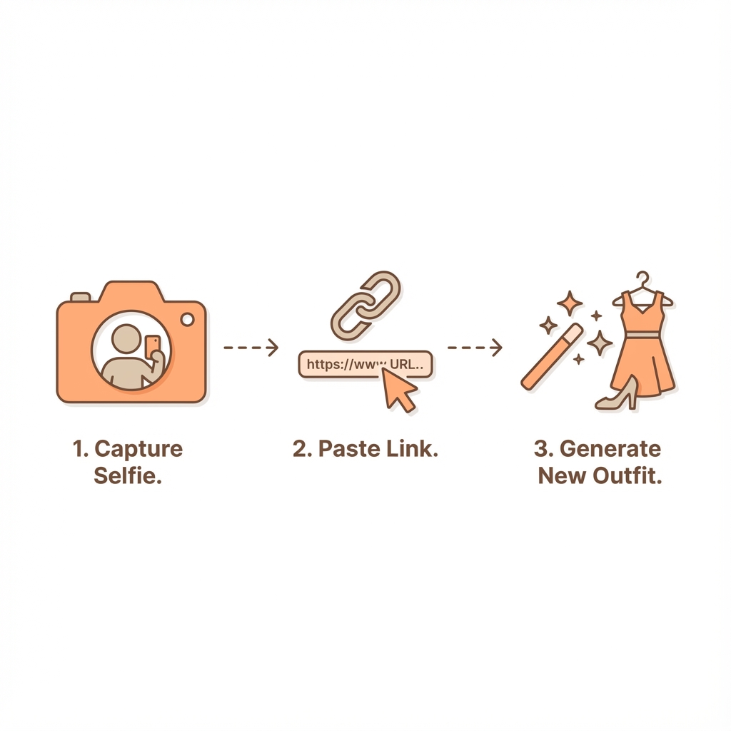 Infographic showing 3 steps: Capture Selfie, Paste Link, Generate Outfit
