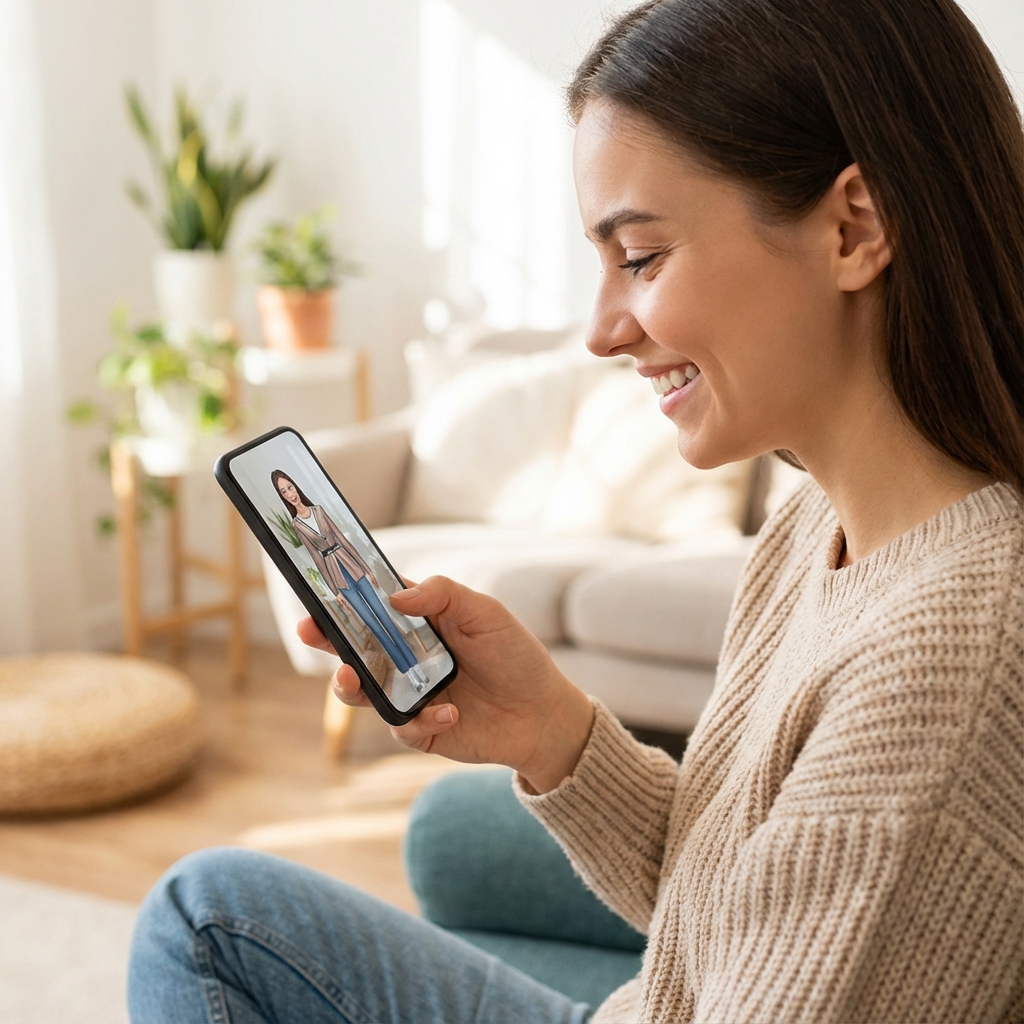 Happy user seeing her virtual try-on results on a smartphone