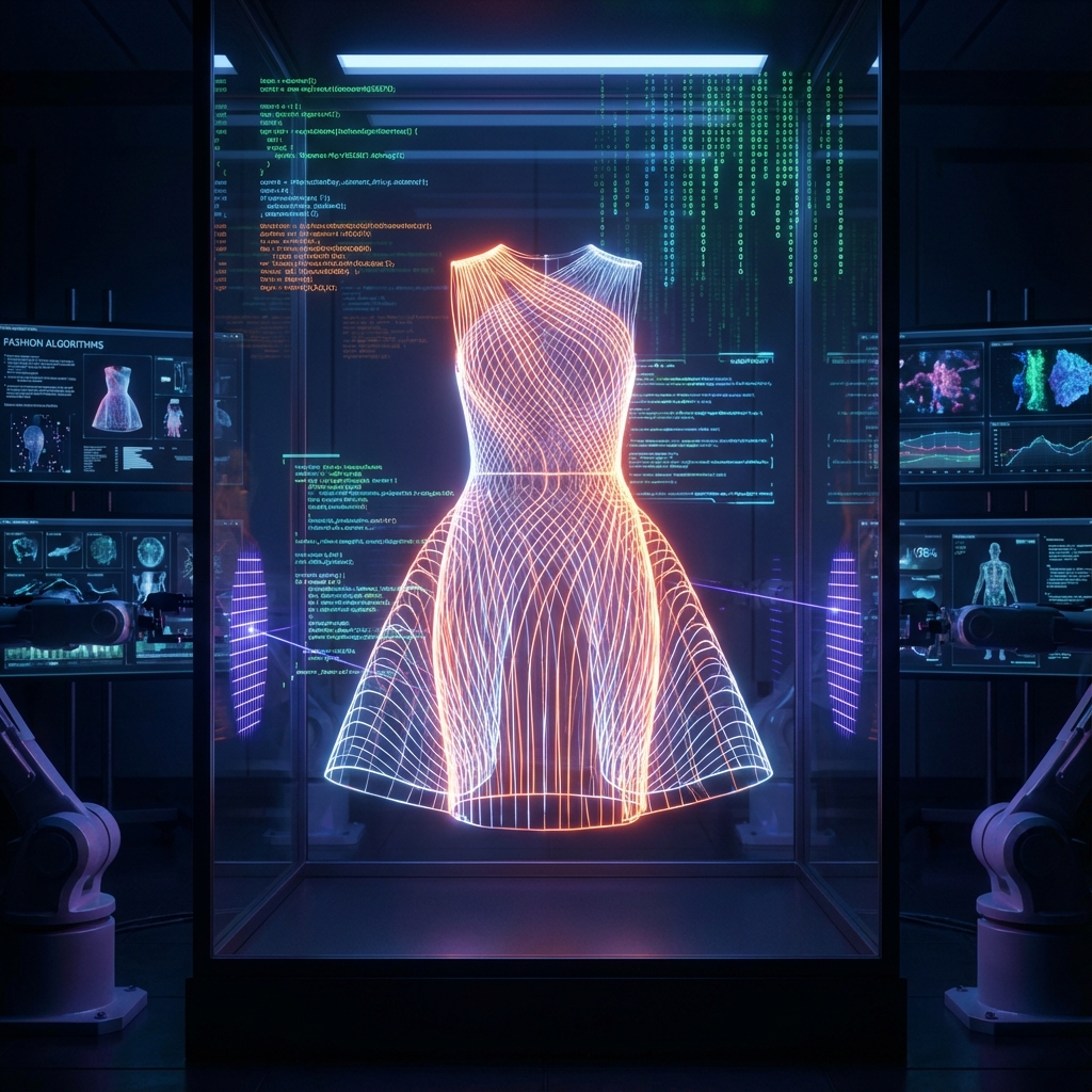 AI technology scanning a digital dress with glowing data streams