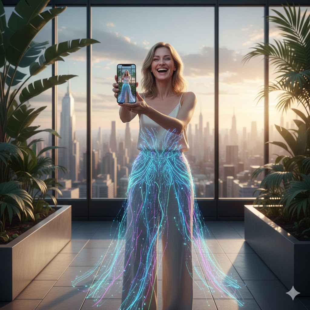 Smiling woman looking at her phone seeing a virtual try-on result