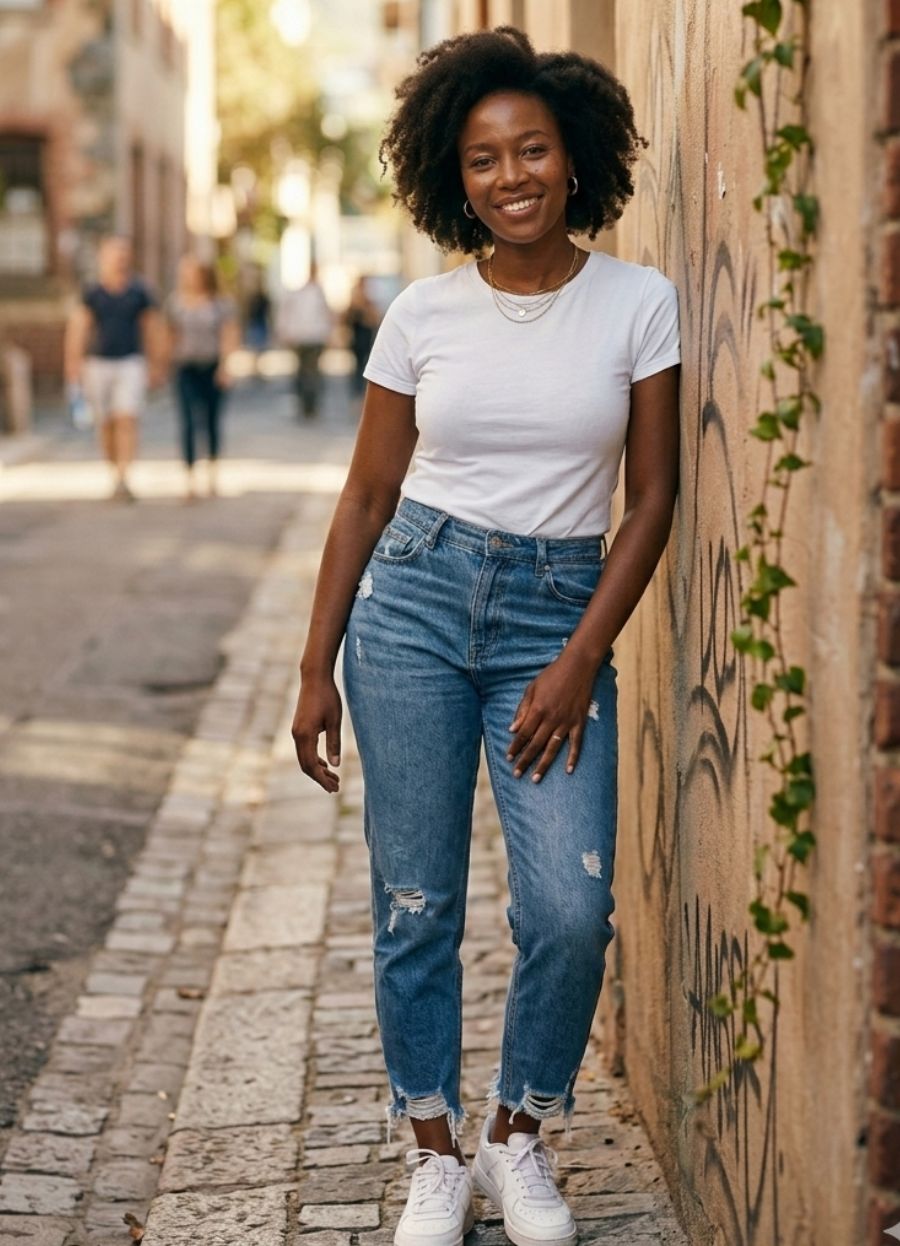 Example shopper selfie before retailer widget try-on